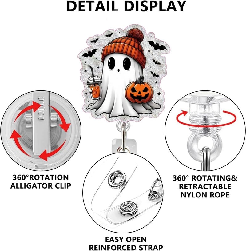 NSSHEL Cute Little Ghost Halloween Badge Reel Pumpkin Badge Reel Retractable with Clip Gifts for Nurse Doctor Teacher Colleague Acrylic Badge Holder with Metal Alligator Clip Design Cute Spooky Badges Holder - Image 3